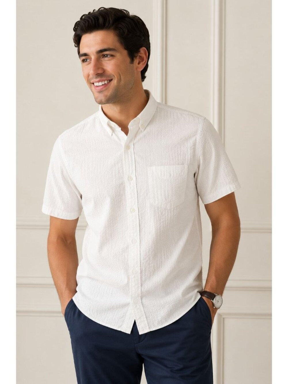 WESC Men’s White Seersucker Short Sleeve Button Up Shirt Size L